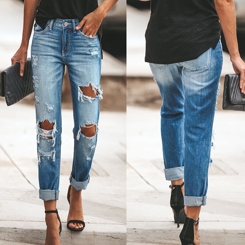 2023 Trend Women&s Jeans Blue Stretch Hight Waist Casual Fashion Ripped Streetwear Denim Pencil Pants